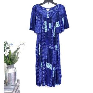 Bechamel Women’s Blue 100% Rayon Bell Sleeves Patchwork Maxi Dress - Size M